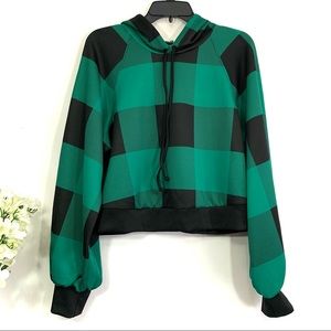 Wild Fable Women’s Black Green Long Sleeve Plaid Hoodie Sweatshirt Top - NWT
